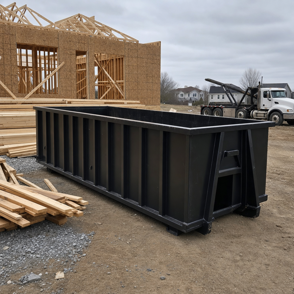 Matte-black 40-yard roll-off dumpster staged on a framed-out residential construction site in Burlington, framing lumber stacked nearby, hooklift delivery truck visible in the background under bright Colorado daylight