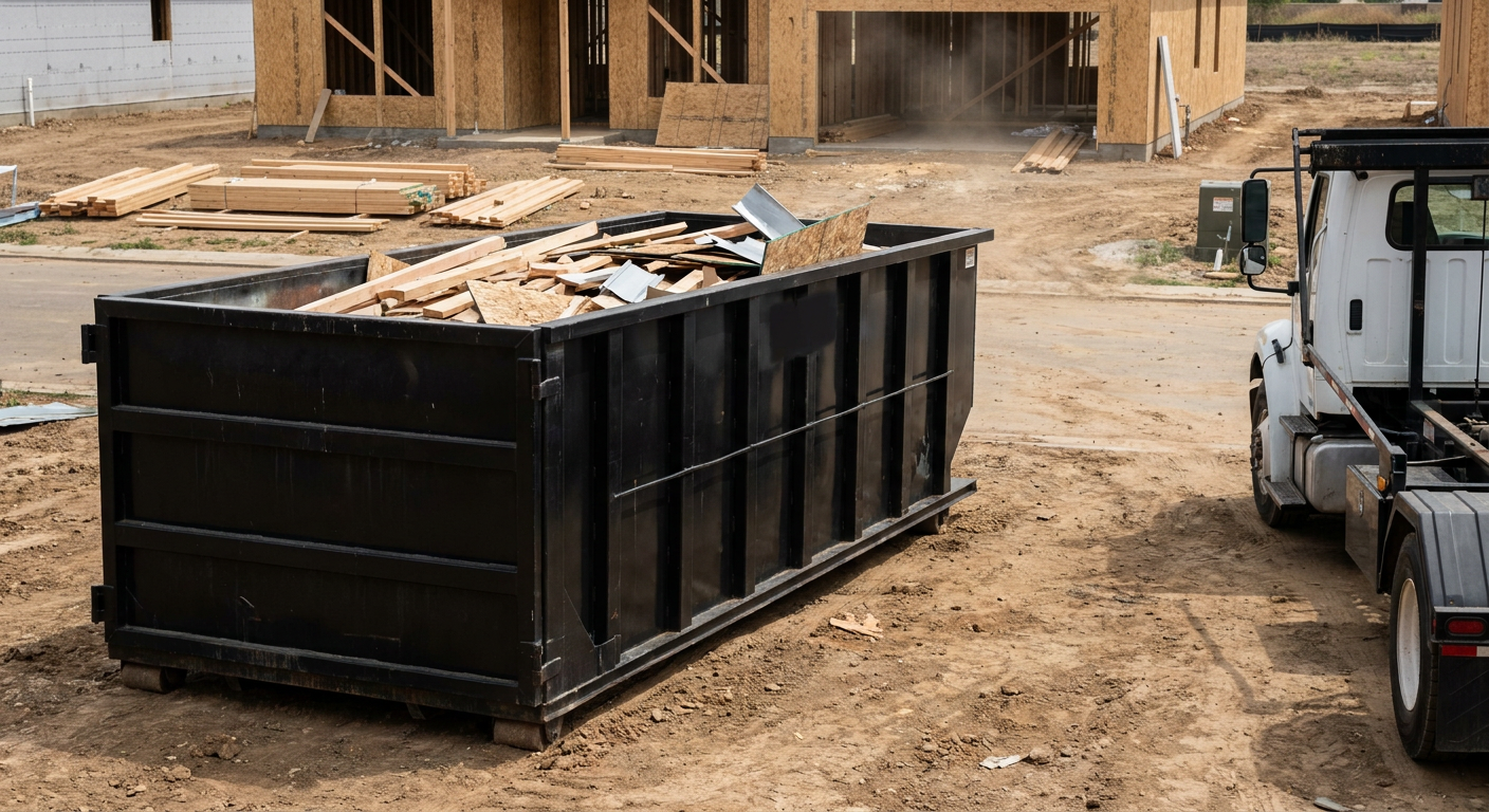Matte-black 20-yard roll-off construction dumpster with heavy ribbed steel sidewalls and swing rear doors at a working jobsite in Burlington, sitting directly on compacted dirt with an unmarked white hauler partially visible at the far edge of the frame.