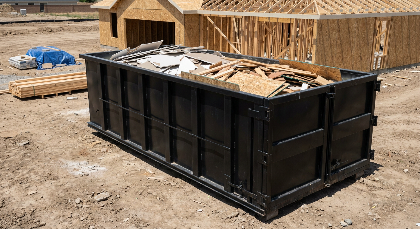 Matte-black 30-yard roll-off construction dumpster sitting directly on the compacted-dirt site of a framed single-family home build in Burlington, drywall and lumber scrap loaded inside.