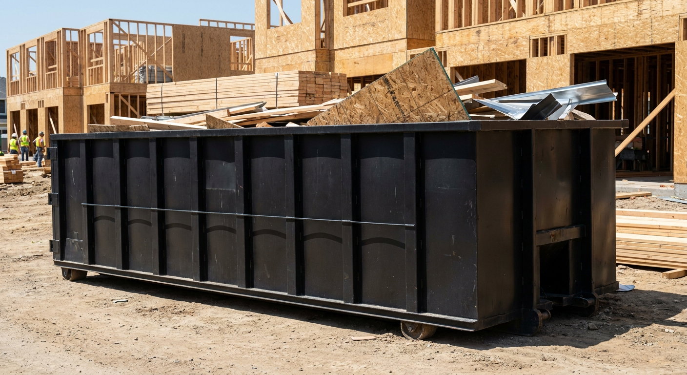 Matte-black 40-yard roll-off construction dumpster being lowered from a white-cab hooklift delivery truck onto the compacted-dirt jobsite at a commercial build site in Burlington