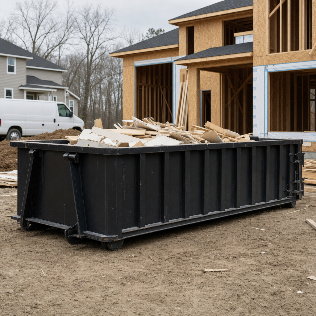 Worker in a yellow high-visibility vest tossing framing lumber and broken drywall into a matte-black 30-yard construction roll-off dumpster on an active build site in Burlington, bright daylight