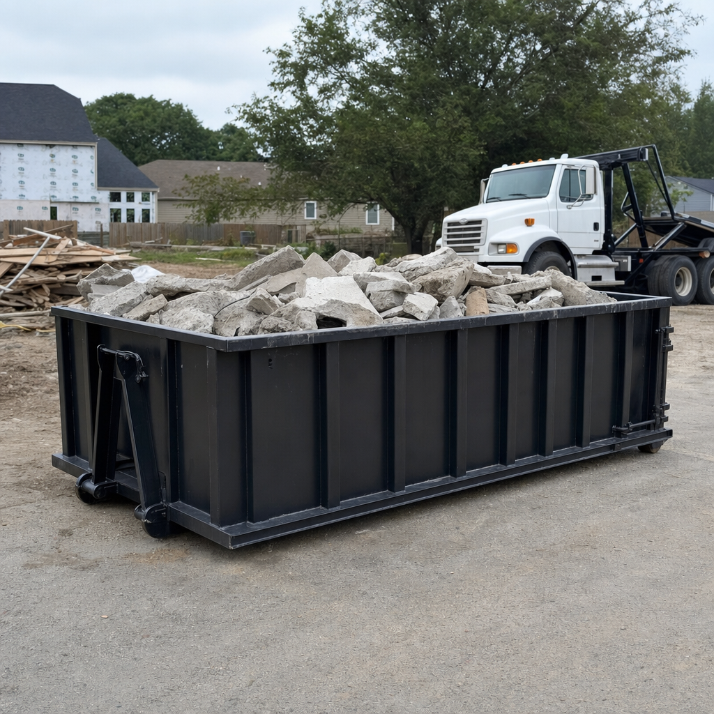 Low-profile matte-black lowboy roll-off dumpster loaded with broken concrete slab and rebar at a foundation tear-out in Burlington, skid steer parked beside it, sunny Colorado morning