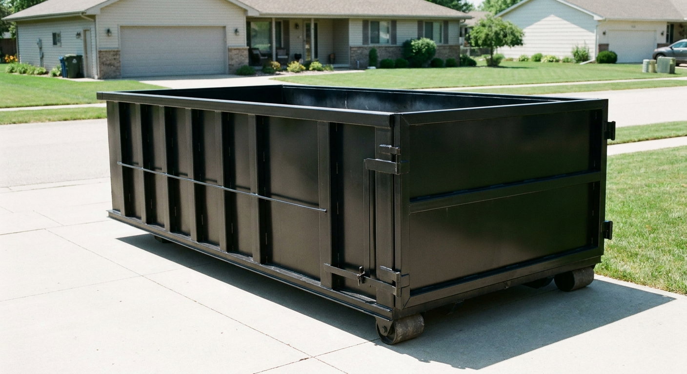 Matte-black 10-yard roll-off dumpster on a residential concrete driveway in Burlington, uniformly painted matte black across every panel and rail, ribbed steel sidewalls and rear swing door visible, mid-day daylight.