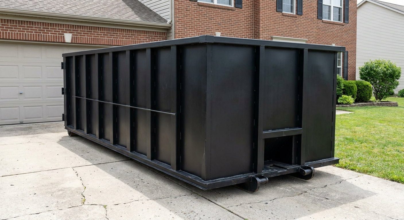 Matte-black 20-yard roll-off container on a Burlington residential concrete driveway with reinforced ribbed steel sidewalls and a hinged rear walk-in door, clean bright daylight.