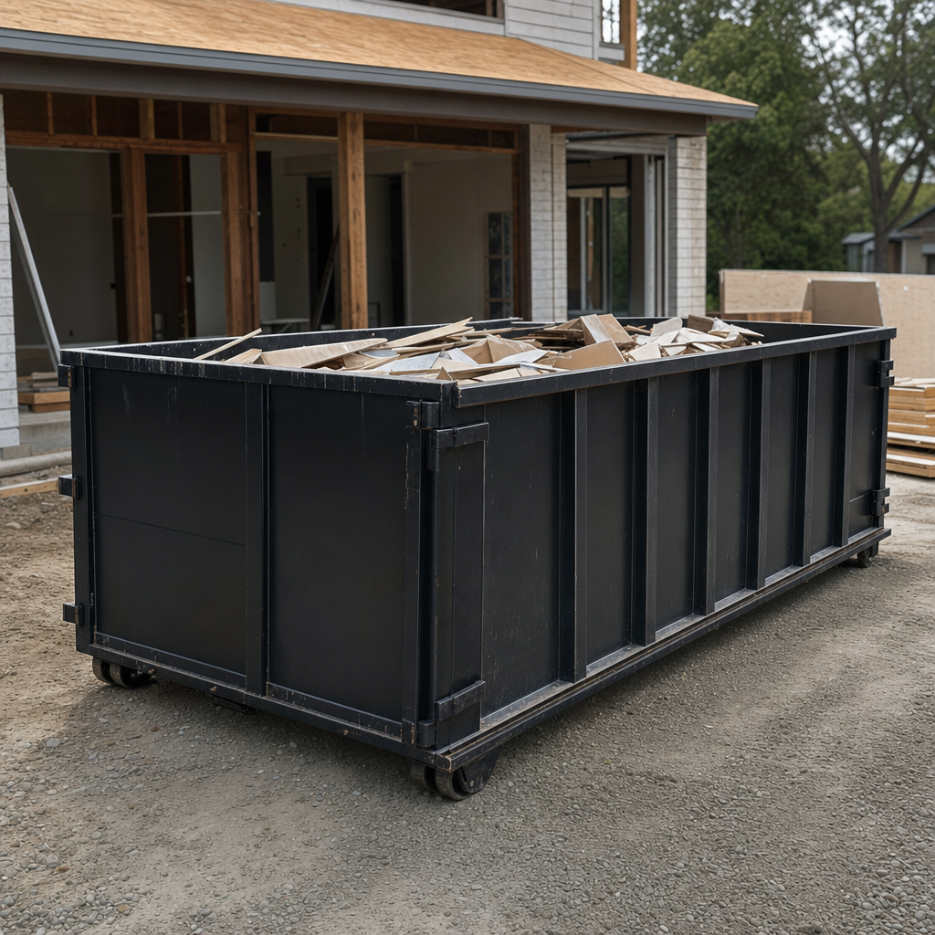 Large matte-black 30-yard construction roll-off dumpster at an active Burlington jobsite, steel-gray top rails and bottom rollers visible, loaded with construction debris.