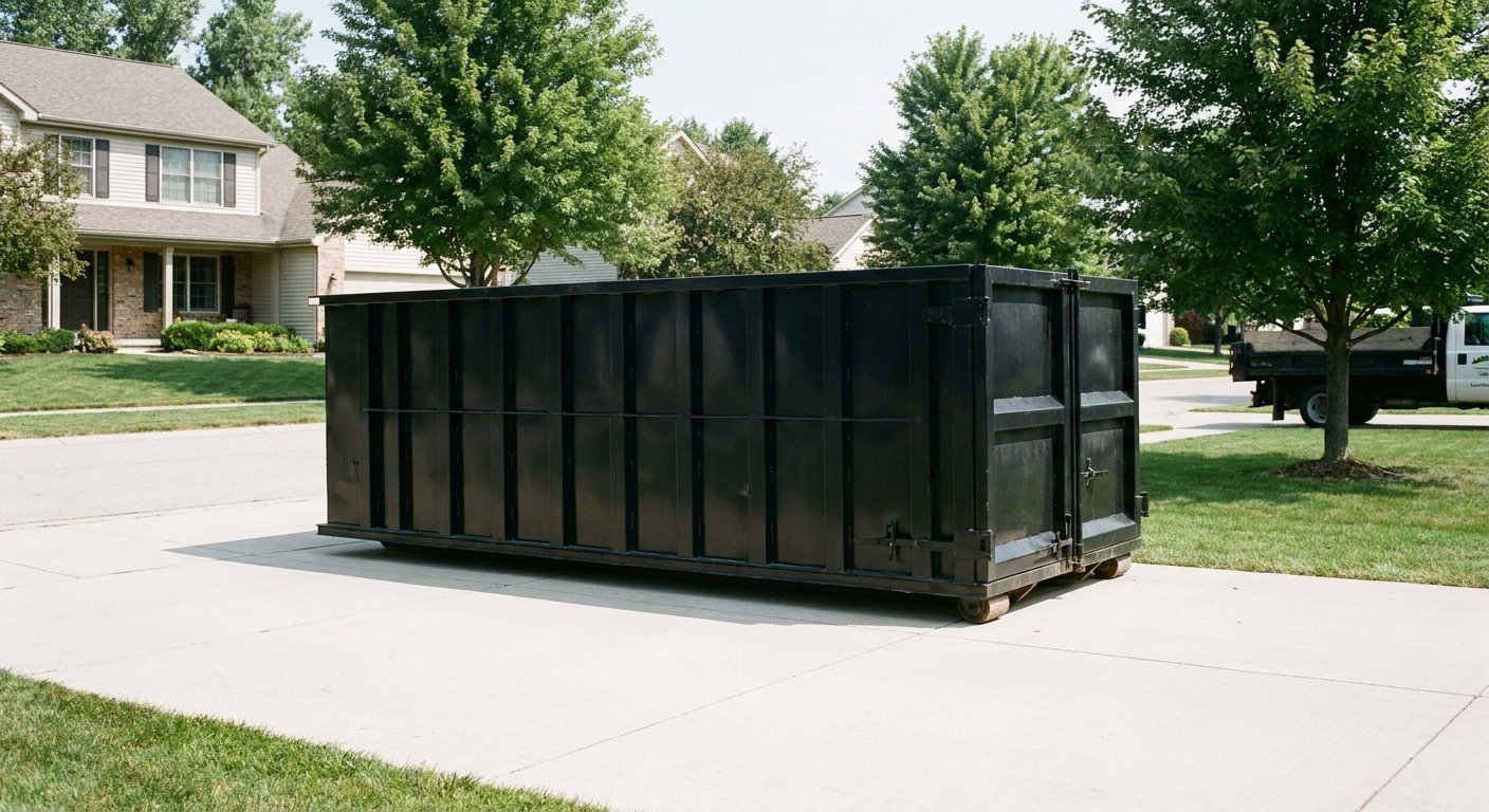 Matte-black 20-yard roll-off dumpster sitting level on a clean Burlington residential concrete driveway under bright daylight, demonstrating clean placement directly on the concrete.