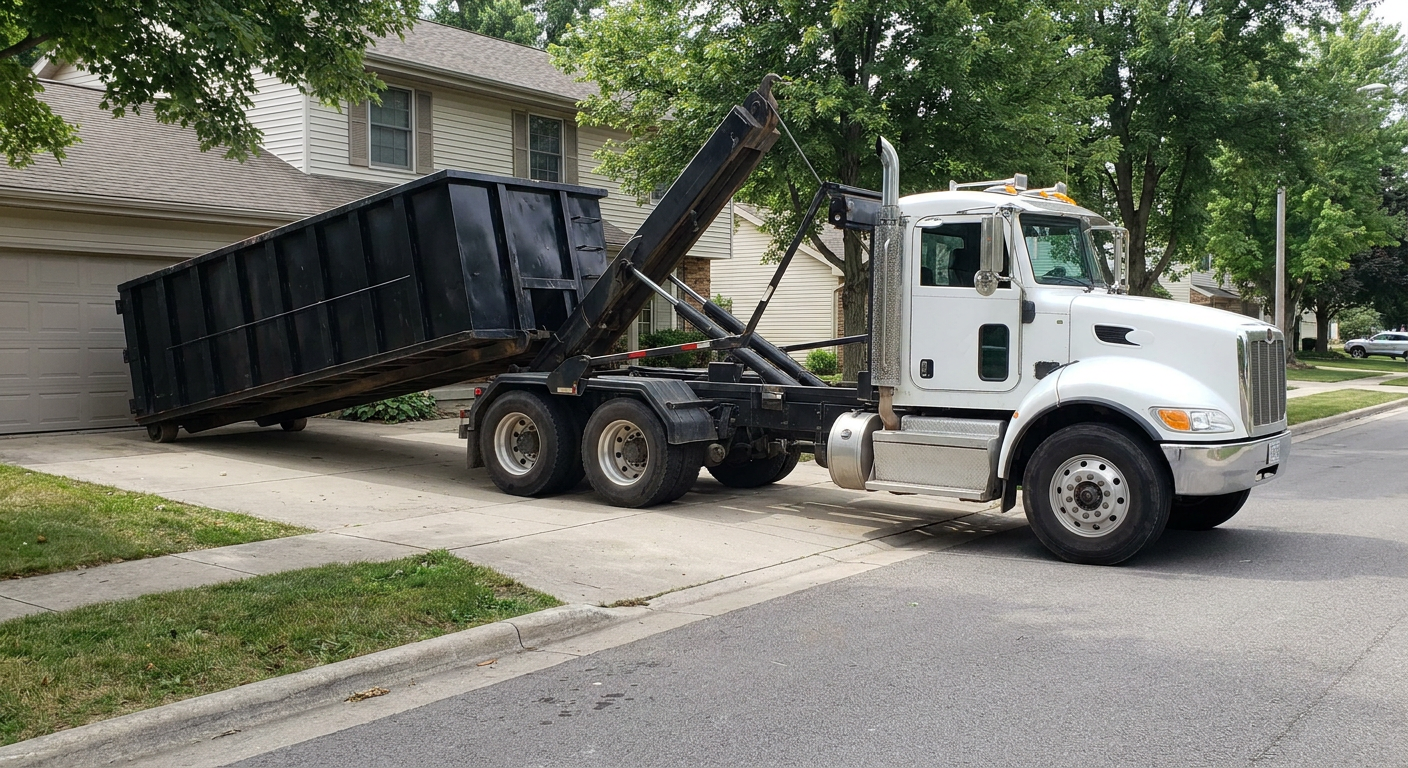 White-cab hooklift roll-off truck actively lowering a matte-black dumpster onto a Burlington residential concrete driveway, the dumpster's rear wheels touching the driveway as the hoist arm tilts the bed forward, mid-morning daylight.