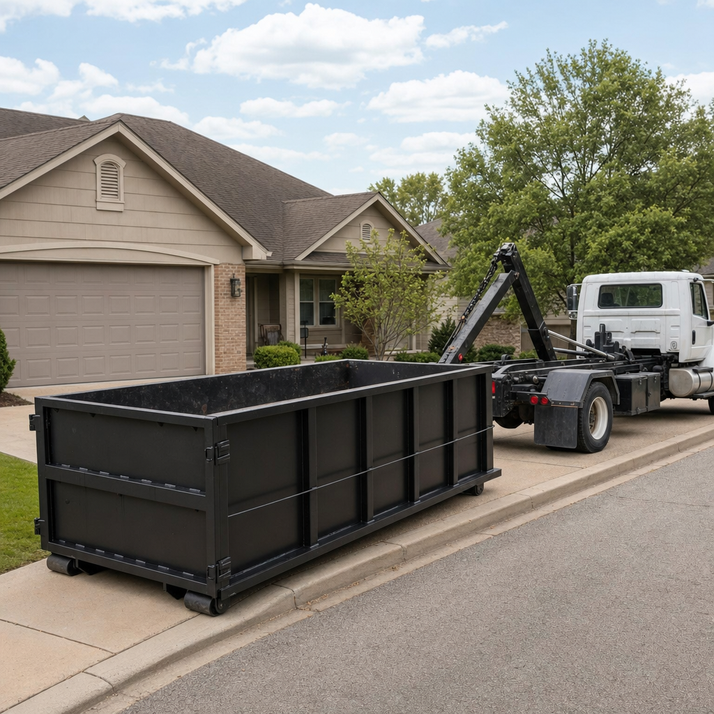 Wide documentary shot of a matte-black roll-off dumpster on a Burlington residential driveway in the foreground and a contractor jobsite container in the soft-focus background, bright daylight, calm and orderly composition.