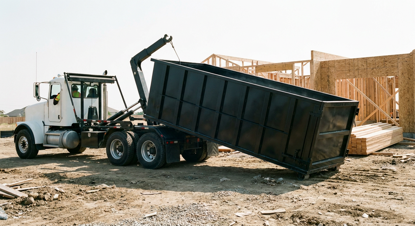 Matte-black roll-off dumpster being delivered onto a clean residential concrete driveway in Burlington by an unmarked white hooklift hauler truck, bright morning daylight, documentary 35mm perspective.