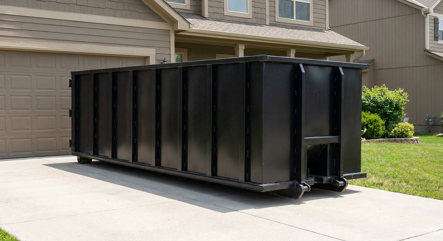 Matte-black residential roll-off dumpster sitting directly on a suburban Burlington concrete driveway, garage door closed, single-family home in background, bright morning daylight.
