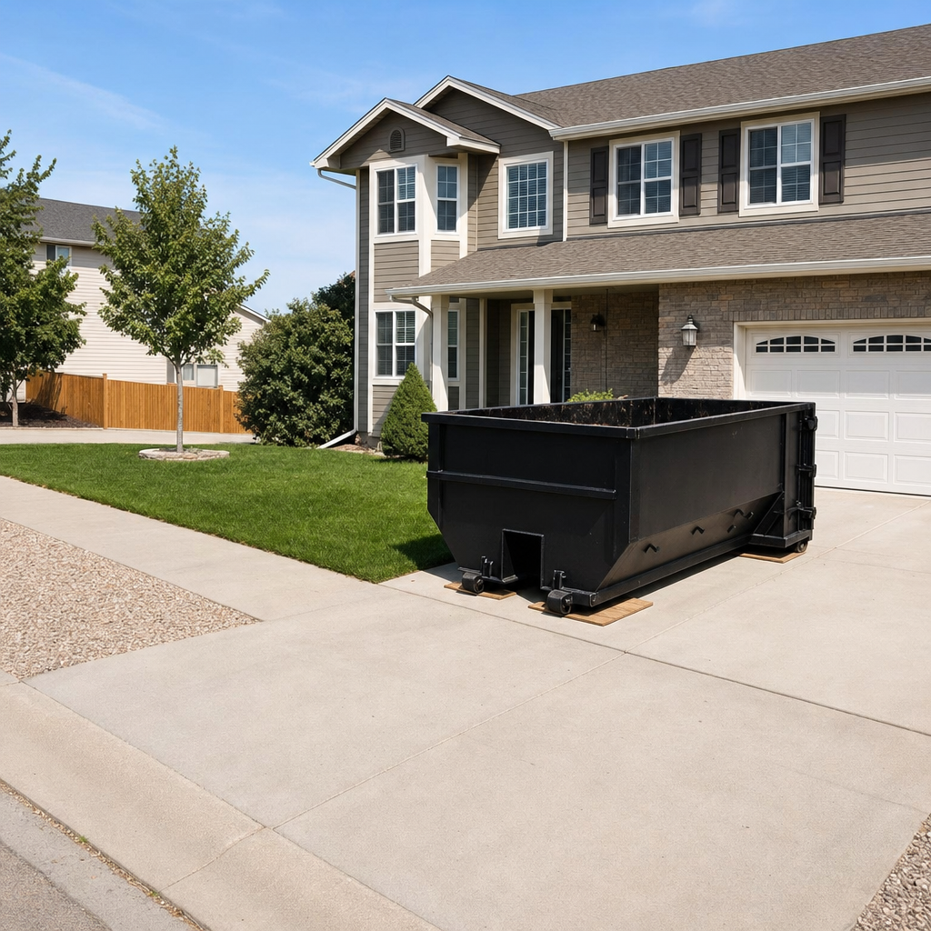 10-yard matte-black residential dumpster placed directly on a narrow Burlington concrete driveway, room remains for a parked sedan beside it, mid-morning natural light