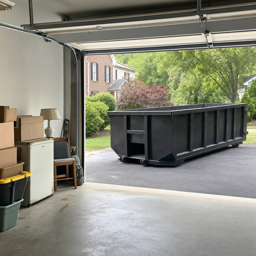 Open garage interior in a Burlington home mid-cleanout — boxed items, an old appliance, and stacked yard tools queued near the driveway for a matte-black roll-off dumpster, organized and calm
