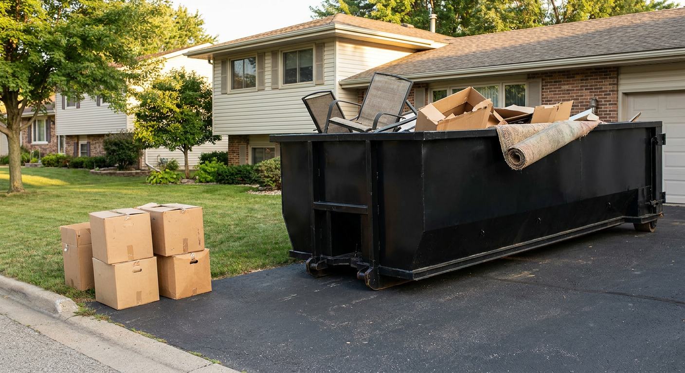 Front-yard view of a Burlington split-level home with a 20-yard matte-black roll-off dumpster sitting directly on the asphalt driveway, a few clearly labeled donation boxes staged at the curb, calm sunny afternoon.