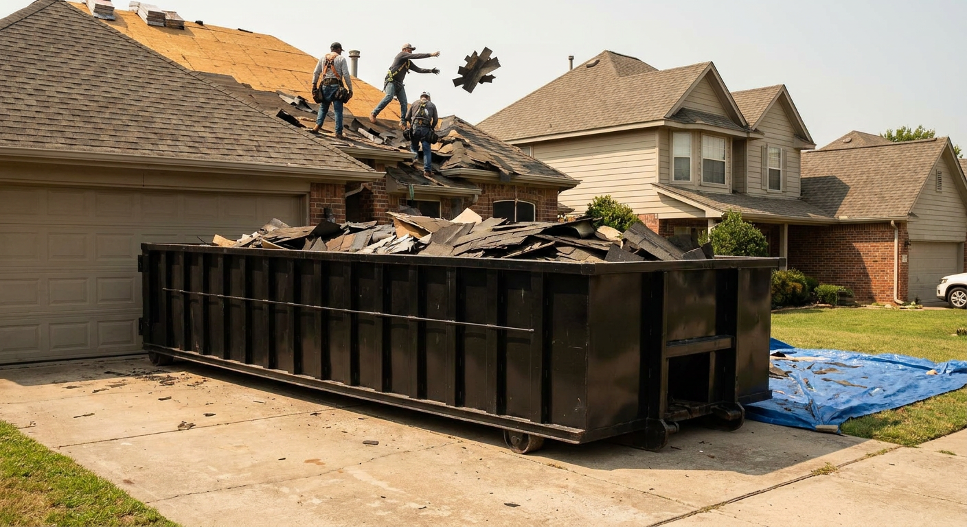 Matte-black roofing roll-off dumpster placed directly on a Burlington residential concrete driveway, a tear-off crew on a two-story asphalt-shingle roof tossing shingle bundles into the low-walled container, bright daylight, documentary 35mm perspective.
