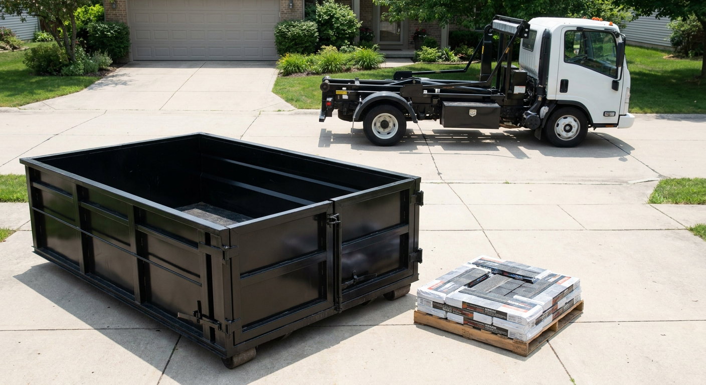 Matte-black 15-yard roofing roll-off dumpster with reinforced low side walls sitting directly on a Burlington residential concrete driveway, three-tab asphalt shingle bundles stacked nearby, an unmarked white hauler truck partially visible at the edge of the frame.
