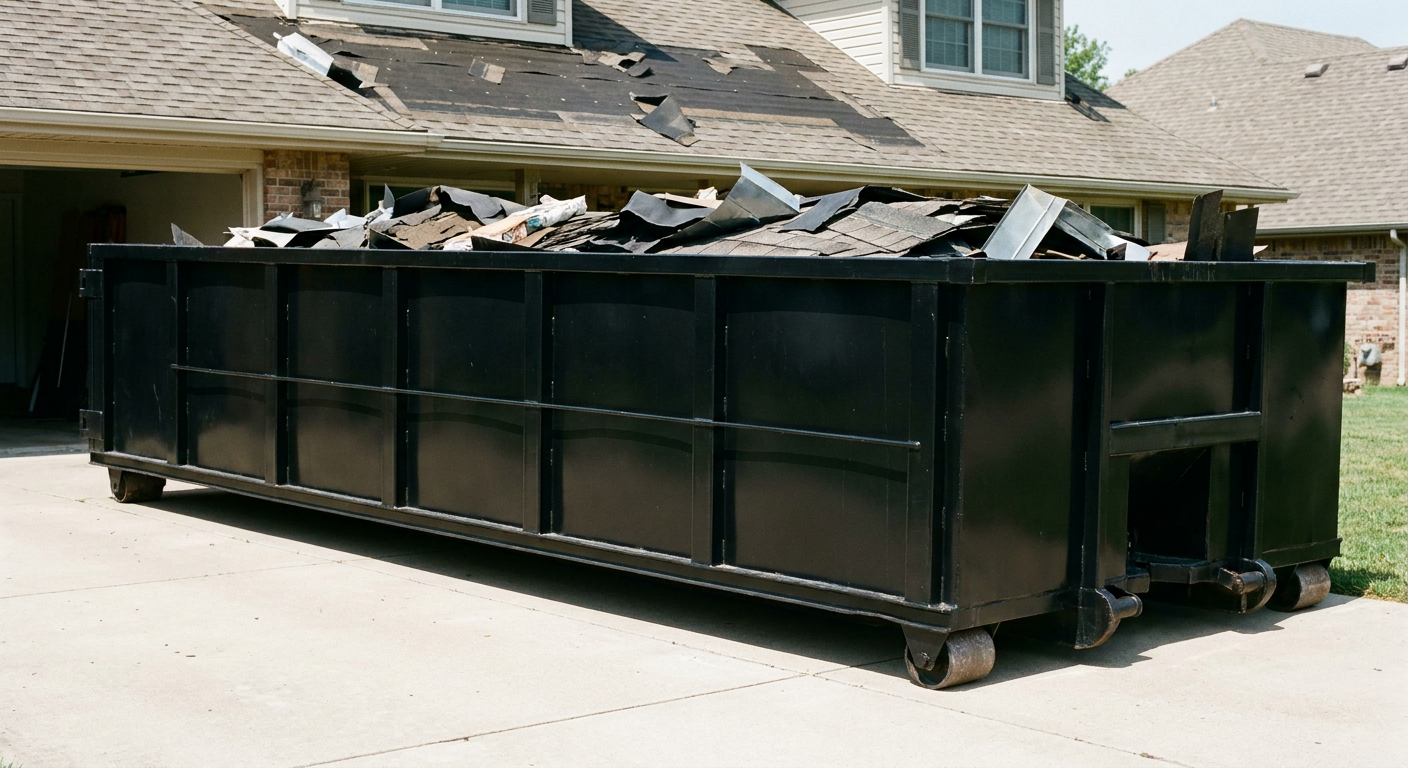 Matte-black 20-yard roofing roll-off dumpster with steel ribbed sides and swinging rear door, sitting directly on the concrete driveway of a two-story Burlington home, asphalt shingle debris being loaded over the low wall, clean documentary lighting.