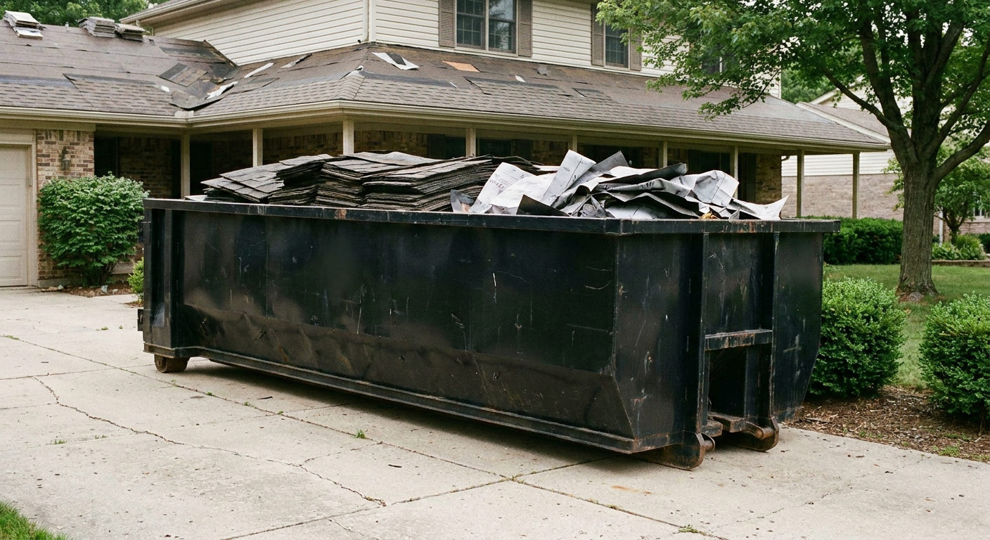 Matte-black 30-yard roofing roll-off dumpster sitting directly on a Burlington concrete driveway, taller ribbed steel side panels, mixed tear-off debris of asphalt shingles and underlayment inside, professional documentary daylight.