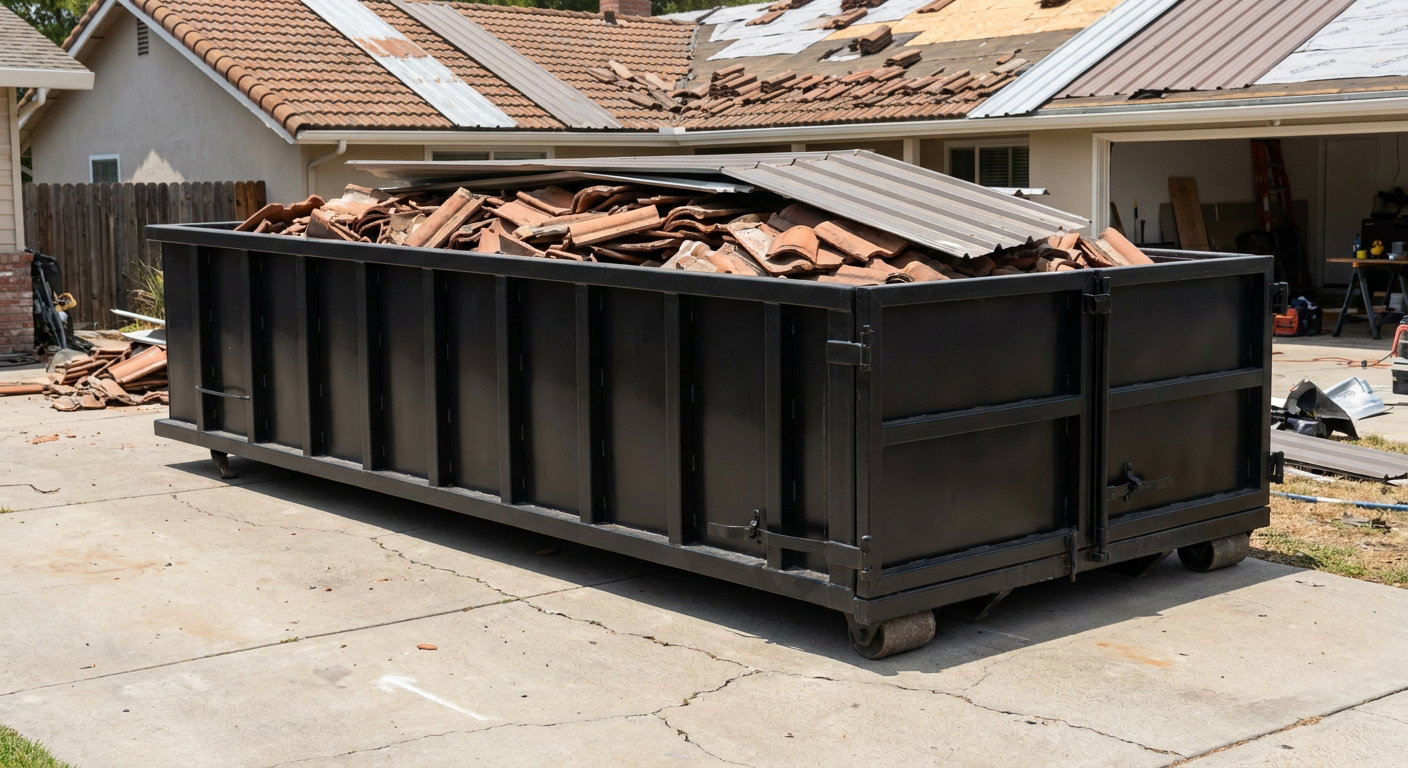 Matte-black low-wall heavy-debris roofing roll-off dumpster sitting directly on a Burlington concrete driveway, broken concrete clay roof tiles and metal panel sections loaded inside, reinforced ribbed steel side walls visible, bright outdoor daylight.
