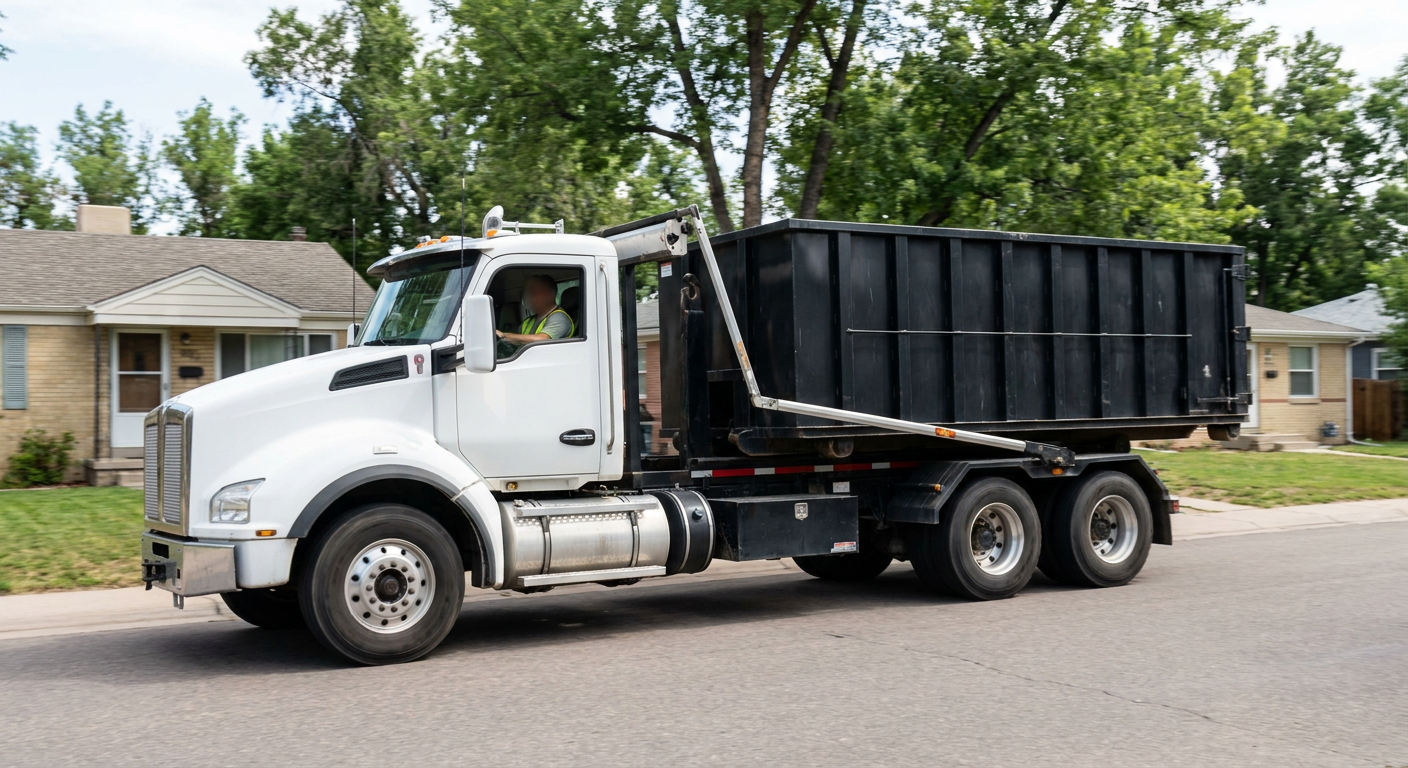 A wide documentary shot of a matte-black roll-off delivery truck pulling onto a quiet Burlington residential street at mid-morning, with neighborhood rooftops and tree-lined blocks visible behind, showing the metro coverage footprint.