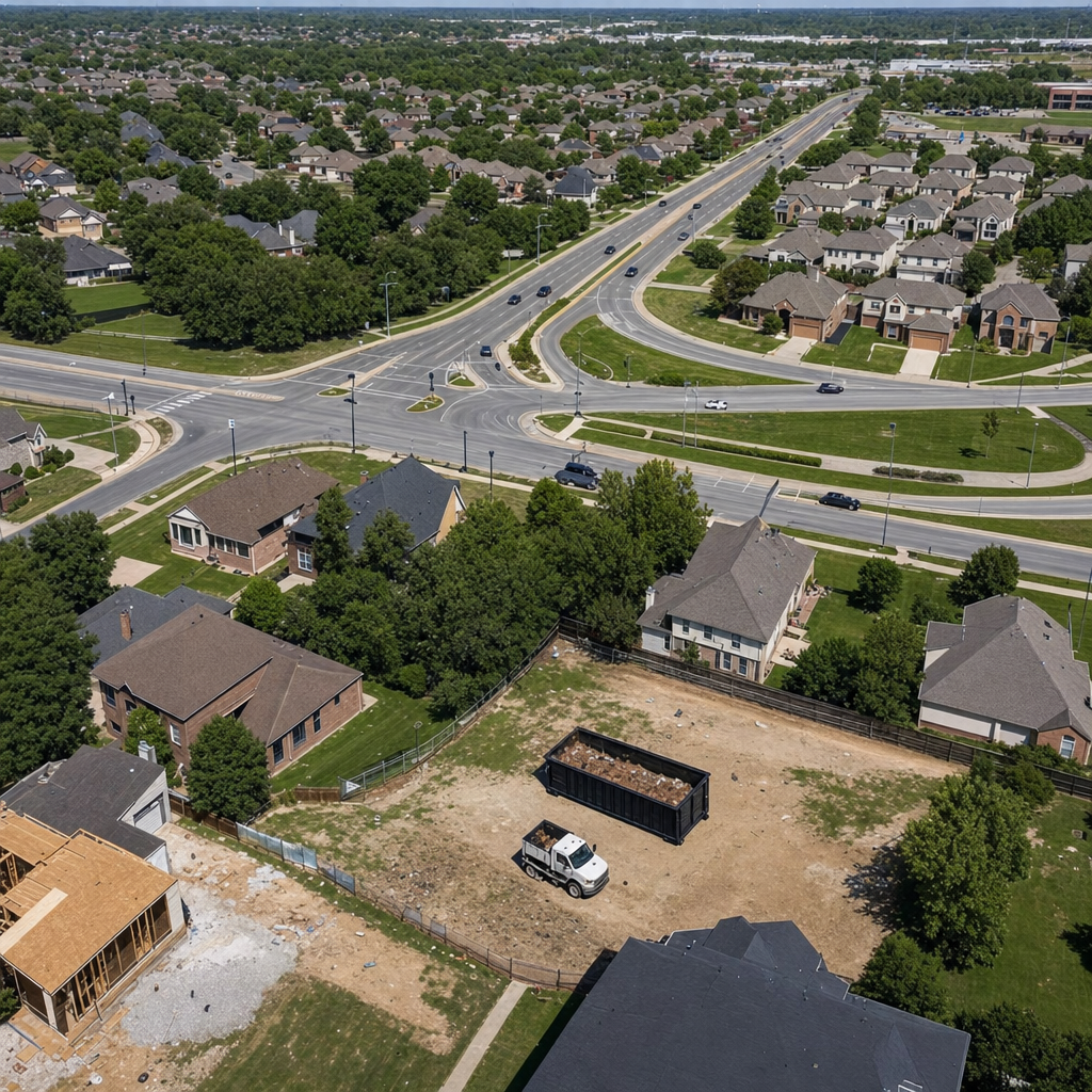 An overhead documentary view of the Burlington metro area at midday, showing the spread of neighborhoods, arterial roads, and the dispatch radius from a central yard — clean daylight, organized geographic layout.