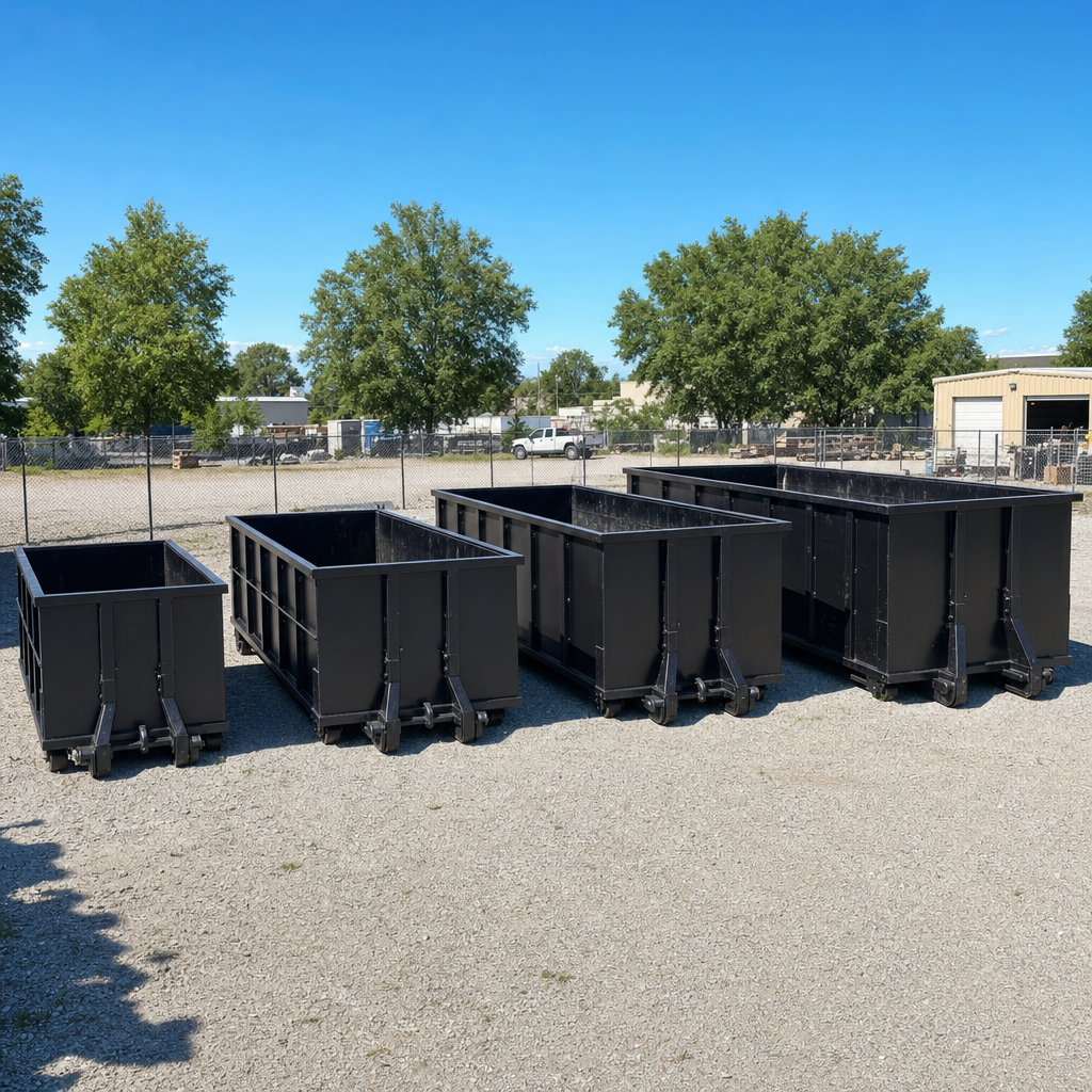A clean lineup of matte-black roll-off dumpsters in 10, 20, 30, and 40-yard sizes staged on a sunlit gravel yard in Burlington, showing the size progression from compact to commercial-scale containers.