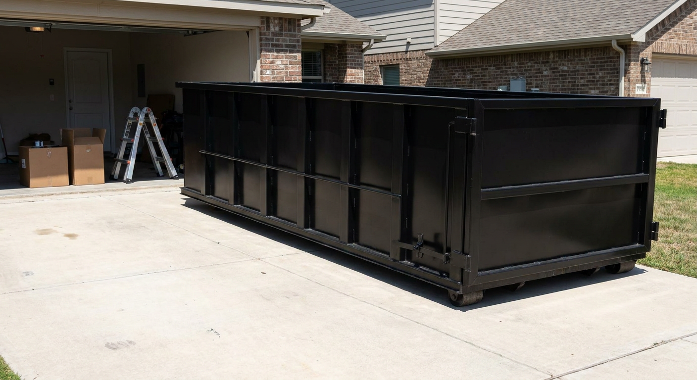 A matte-black 10-yard roll-off dumpster sitting directly on a residential Burlington concrete driveway, mid-day sunlight, clean and ready for a garage cleanout.