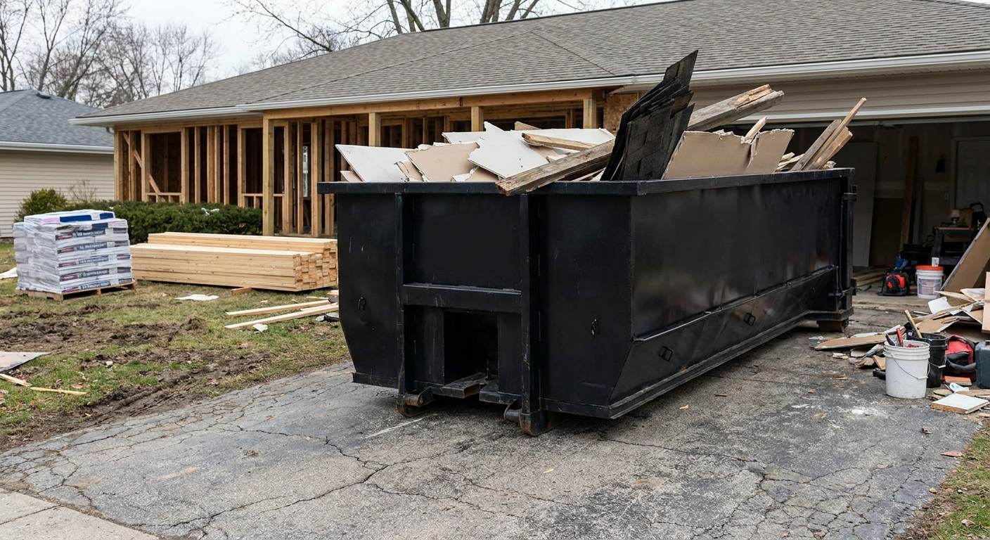 A matte-black 20-yard roll-off dumpster placed alongside a mid-renovation Burlington home directly on the asphalt driveway, with framing materials and torn-off shingles staged neatly nearby.