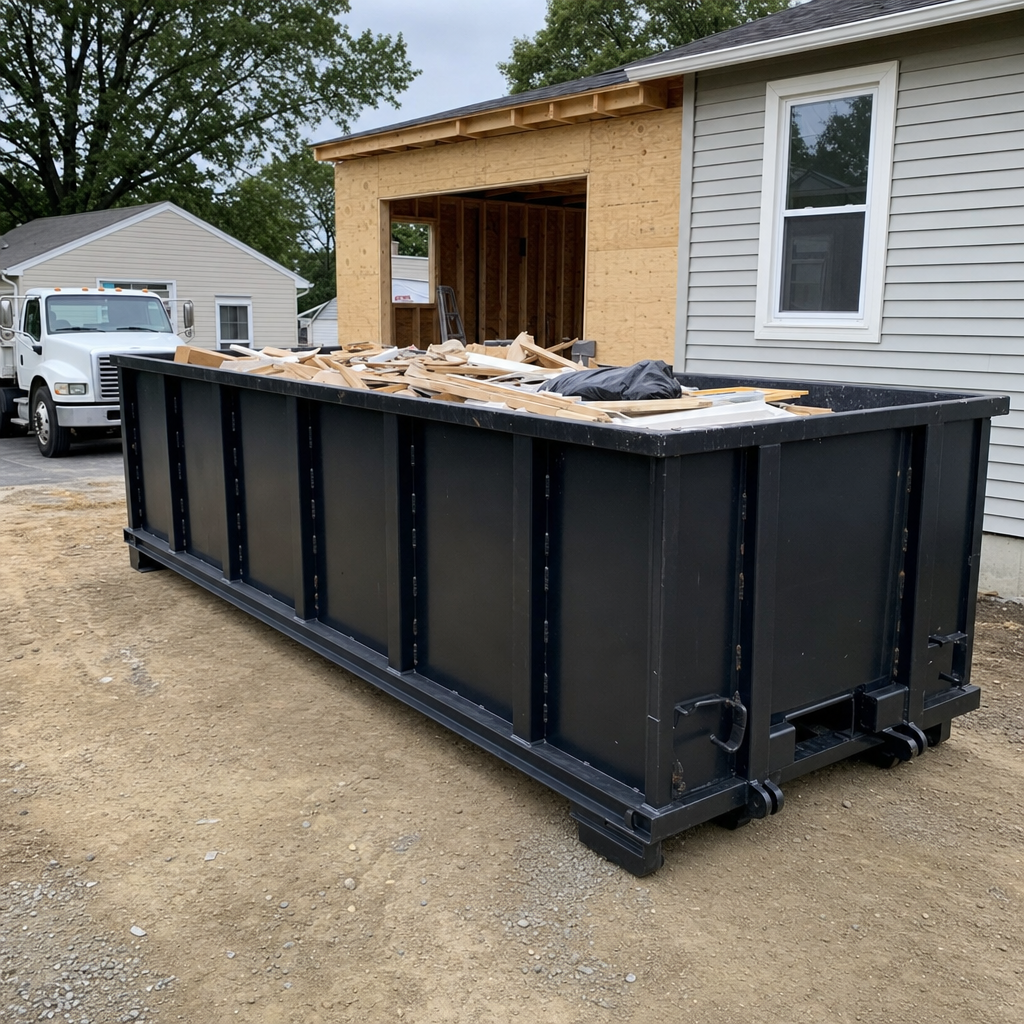 A matte-black 30-yard roll-off dumpster positioned at a Burlington residential addition jobsite, with framing lumber and drywall scraps loaded through the open swinging rear doors.