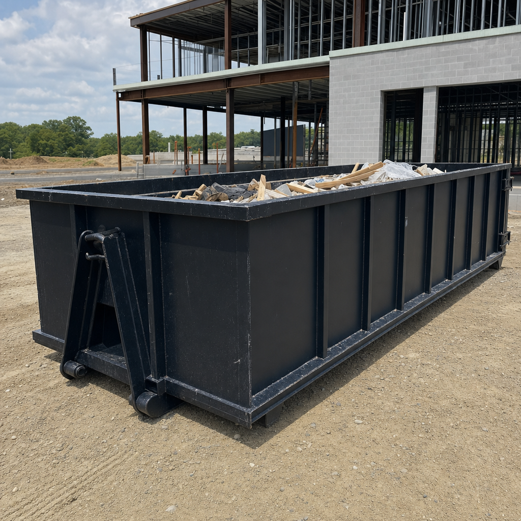 A matte-black 40-yard roll-off dumpster staged on a large Burlington commercial construction lot, with a hooklift delivery truck parked alongside under bright midday sky.