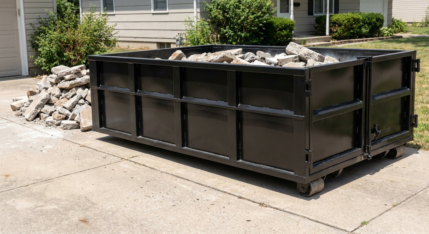 A matte-black low-side heavy-debris roll-off dumpster placed directly on a Burlington concrete driveway, with broken concrete chunks neatly stacked beside it under clean daylight.